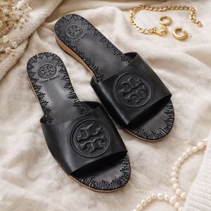 Tory Burch Black Patty Wedge Leather Slide Sandals Double T Logo Size 5